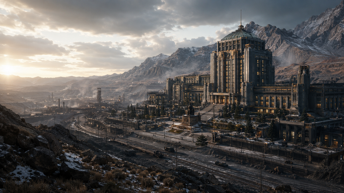 Sacred Empire headquarters compound overlooking a vast mining landscape at dawn